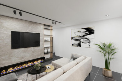 Ejemplo de salón abierto urbano pequeño con paredes blancas, chimenea lineal, marco de chimenea de piedra, televisor colgado en la pared y suelo negro