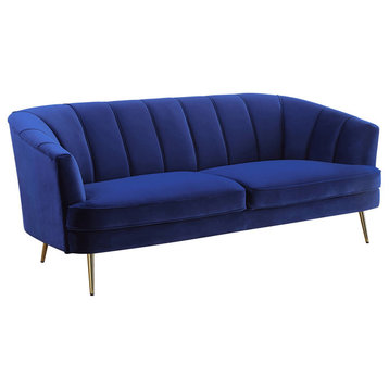 Elegant Sofa, Shiny Golden Legs With Velvet Seat & Channeled Curved Back, Blue