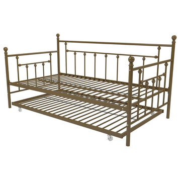 Twin Daybed With Trundle, Metal Frame and Slatted Headboard and Armrest