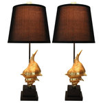 Urbanest - Set of 2 Conch Table Lamps, Gold - This set of two lamps includes two lamp bases with a conch shell in gold, two 7 1/2" nickel harps, 2 gold finials, and two 11" black linen lampshades. The lampshades have a gold spider fitter.