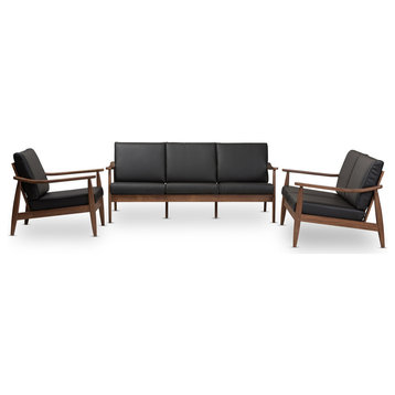 Venza Mid-Century Modern Walnut Wood Black Faux Leather 3-Piece Living Room Set