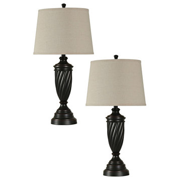 Set of 2 Oiled Bronze Metal Table Lamps With Linen Shade