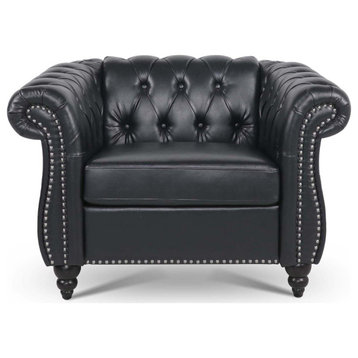 39" Wide Tufted Faux leather Chesterfield Chair, Black