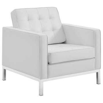 Loft Tufted Button Upholstered Faux Leather Armchair, Silver White