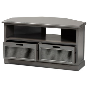 Modern Contemporary Grey Finished Wood/Synthetic Rattan 2-Drawer Corner TV Stand