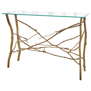 Elegant Twig Branch Brass Metal Console Table  Gold Natural Glass Top Organic
