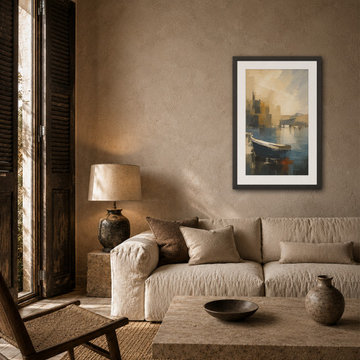 Harbor Blue Framed Art in a Neutral Living Room