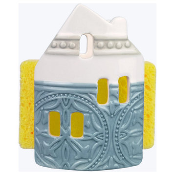 Casual Provincial Kitchen Sponge Holder with Sponge Blue and White Ceramic