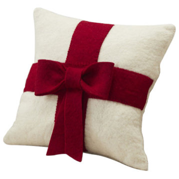 Red Bow on Cream - Christmas Pillow Cover in Hand Felted Wool, 14", Pillow (With Insert)