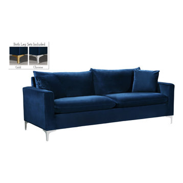Naomi Velvet Sofa, Gold and Chrome Leg Set, Navy