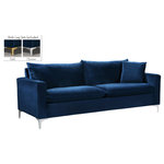 Meridian Furniture - Naomi Velvet Upholstered Sofa, Navy - Curl up with a good book from the welcoming confines of this Naomi Navy Velvet Sofa. The color of this sofa adds a bold touch to your decor and shakes up otherwise neutral color schemes. Plush velvet material feels cozy and comfortable against your skin, while deep seat cushions provide lots of room for you to stretch your legs. This sofa comes with both gold and chrome legs, so you can customize its look to meet your decor plans. Pillows are included for added homey warmth and comfort.