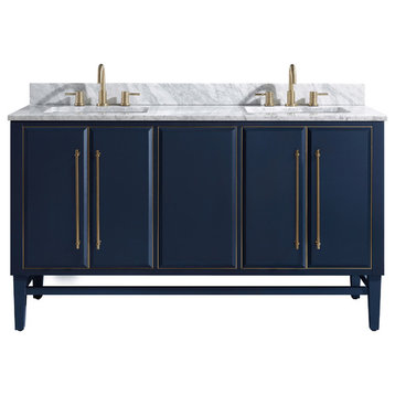 Avanity Mason 60" Vanity in Navy Blue/Gold Trim and Carrara White Marble Top
