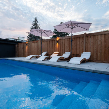 Narrow-Lot Backyard Pool with Paver Deck, Cedar Privacy Fence & Layered Planting