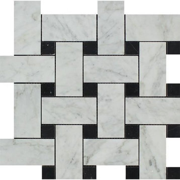 Carrara White Marble Honed Large Basketweave Mosaic Tile w/ Black Dots