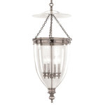 Hudson Valley Lighting - Hanover 4-Light Pendant Clear Glass Shade, Historic Nickel - Not only does our bell jar lantern capture the timeless style of a British heirloom, blown glass and cast brass ensures Hanover will be admired for generations. Patterned after the signature lanterns that graced royal foyers during the English Regency, Hanover resounds with authentic details. Filigreed hangers anchor Hanover's three brass chains, while a glass smoke bell warmly diffuses light across an expanse of upward space.