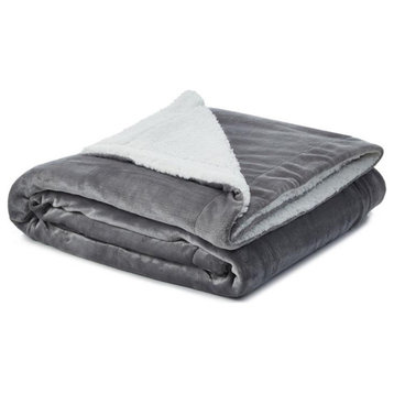 Posh Pascal 90"x90" Reversible Flannel Solid Sherpa Blanket in Light Gray