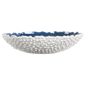 Textured White Bright Blue Centerpiece Bowl, Decorative Coastal Studded