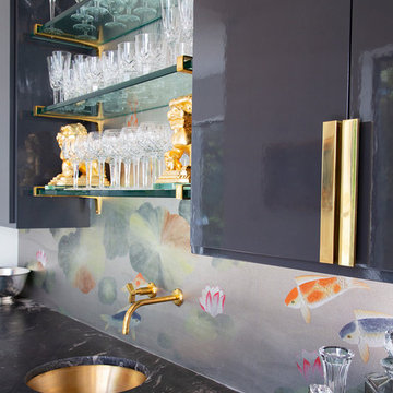Home Bar with Koi Wallpaper Backsplash and Black High Gloss Cabinets
