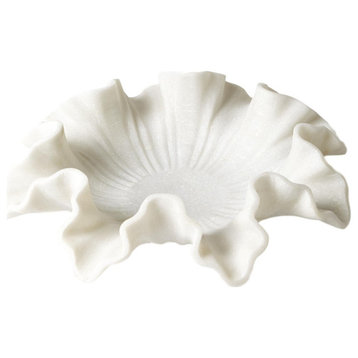 Ornate Carved White Ruffle Solid Marble Bowl 15" Decorative Centerpiece Scallop