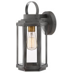 Hinkley - Hinkley 2530DZ Danbury - One Light Outdoor Small Wall Lantern - A mixed metal composition and hexagonal shape ensure that Danbury is updated and on trend, even if the silhouette is unmistakably traditional. Heritage Brass accents draw the eye inside while the Aged Zinc cage and signature loop on top are reminicent of a classic lantern style. Clear glass easily makes a vintage filament bulb a focal point in the durable aluminum frame.  2 Years Finish/12 Years on Electrical Wiring and Components  Shade Included: YesDanbury One Light Outdoor Small Wall Lantern Aged Zinc/Heritage Brass Clear Glass *UL: Suitable for wet locations*Energy Star Qualified: n/a  *ADA Certified: n/a  *Number of Lights: Lamp: 1-*Wattage:100w Medium Base bulb(s) *Bulb Included:No *Bulb Type:Medium Base *Finish Type:Aged Zinc/Heritage Brass