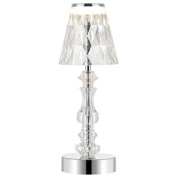 Lillian 12.75" Bohemian Acrylic Rechargeable Integrated Table Lamp, Clear/Chrome