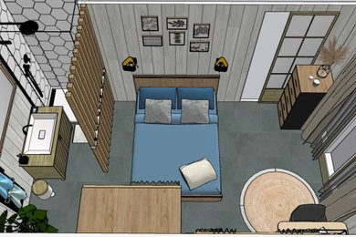 Foto de habitación de invitados blanca y madera rural de tamaño medio sin chimenea con paredes blancas, suelo gris y machihembrado