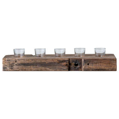 Reclaimed Wood Holder With 5 Clear Glass Votives, 6-Piece Set