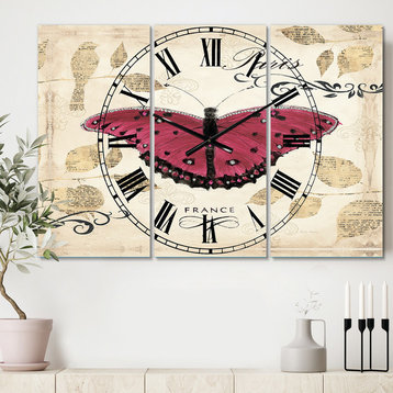 Red Farmhouse Butterfly French Country Multipanel Metal Clock