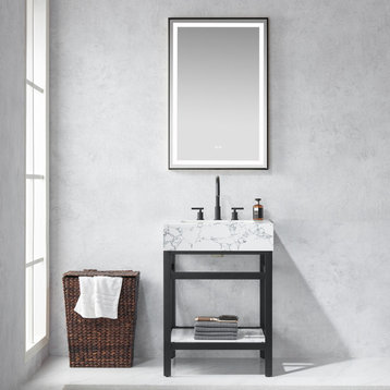 Ecija Bath Vanity, Metal Support with Stone Top, Matte Black, 24 in., With Mirror