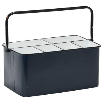 Distressed Metal Storage Caddy with 6 Compartments and Handle, Blue and White
