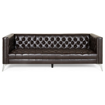 Roxanne Tufted 3 Seat Sofa, Brown and Silver