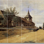 Picture-Tiles.com - Jean Corot Village Painting Ceramic Tile Mural #81, 17"x12.75" - Mural Title: The Church At Lormes