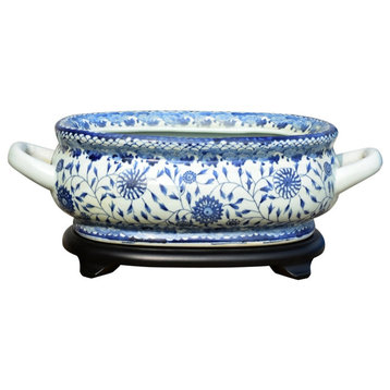 Blue & White Porcelain Foot Bath Basin Chinese Floral Motif with Base