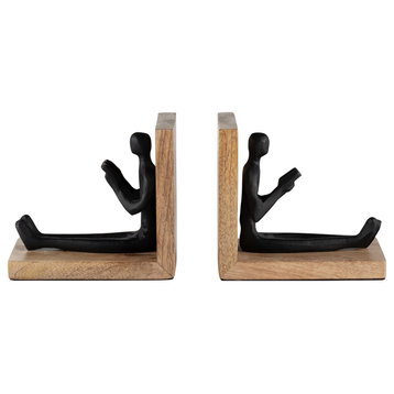 Wood, Set of 2 6" Man Reading Bookends, Brown/Black