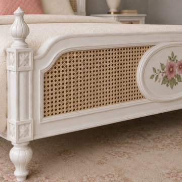 Handcrafted French Country Bed | Hand-Painted Floral Cane Headboard & Wood Frame