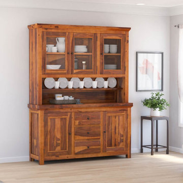 Naperville Rustic Solid Wood Glass Door Dining Room Kitchen Hutch