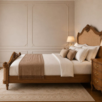 French Provincial Cane Bed | Hand-Carved Louis XV Inspired Bedroom