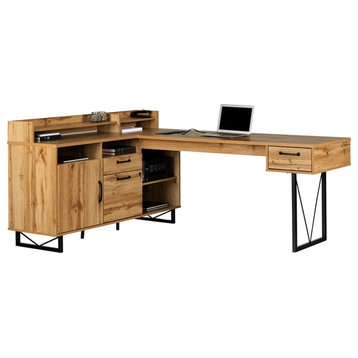 Pemberly Row 59.5"W Engineered Wood L-Shaped Desk in Nordik Oak/Brown