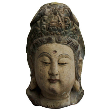 Vintage Rustic Wooden Carved Kwan Yin Bodhisattva Head Statue Hcs5041