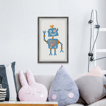"Happy Blue Robot" Framed Painting Print