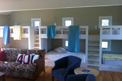 Large beach style bedroom photo in New York