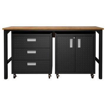Manhattan Comfort 3-Piece Mobile Steel Garage Cabinet & Worktable, Charcoal Gray