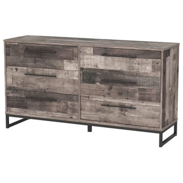 Industrial Double Dresser, 6 Storage Drawers With Bar Metal Handles, Gray Finish