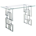 Meridian Furniture - Alexis Chrome Console Table - Enjoy a contemporary look in your living room or den with this stylishly elegant Alexis chrome console table. This Meridian Furniture table is made from glass and metal for a sleek, modish look. The base features a geometric design with intertwined squares that form two pedestals. The top is crafted from thick, clear glass that allows the beauty of the base to shine through completely. A chromed finish shores up the design, adding to its up-to-the-minute feel.