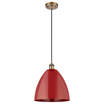 Innovations Ballston Ply Dome 12" 1-Light Mini Pendant, Brushed Brass/Red