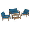 GDF Studio 4-Piece Parma Outdoor Wood Chat Set, Gray Finish/Teal