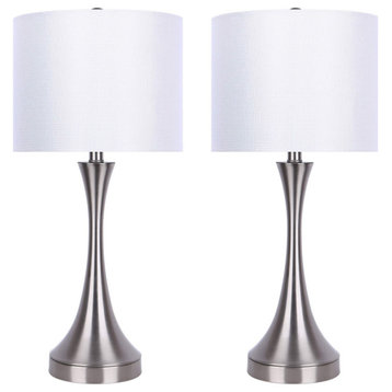 25" Brushed Nickel Table Lamp With Glossy White Shade & USB Port, Set of 2