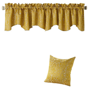 Branch Jacquard Valance and Pillow Shell Sets , Gold, 20" X 20" / 56" X 19"
