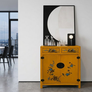 Oriental Bright Mustard Yellow Vinyl Flower Bird Graphic Cabinet ws4986