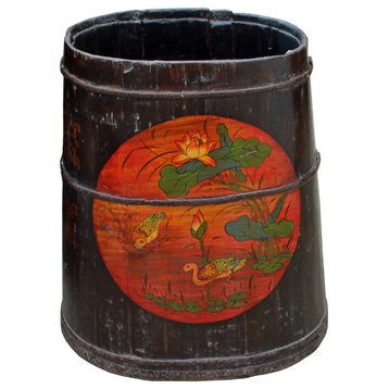 Distressed Chinese Tibetan Barrel Black Floral Bucket Wood Container Hcs4971